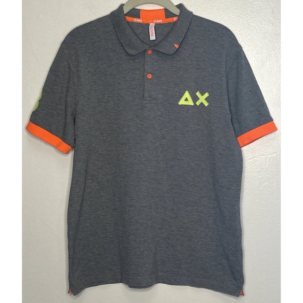 Sun68 Polo Shirt Large Gray Orange Trim Preppy Collegiate Golf Stretchy Cotton